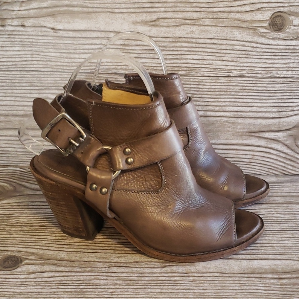 Frye Izzy Gray/brown Leather Open Toe Sling Back Harnes High Heel Booties 6 - Picture 3 of 8